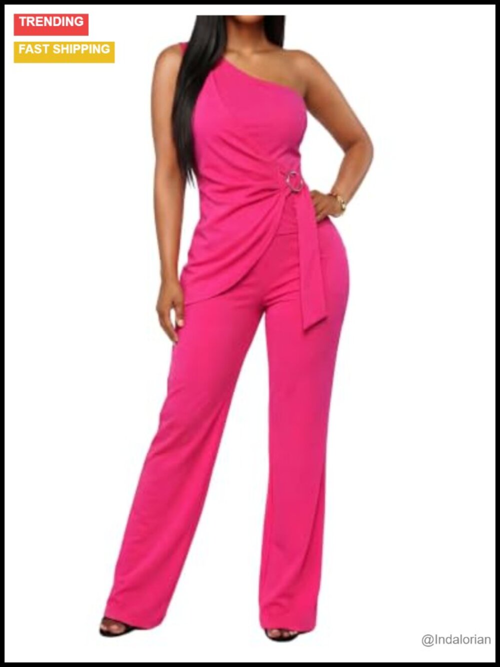 One Shoulder 2 Piece Pantsuit Wide Leg Set with Pockets